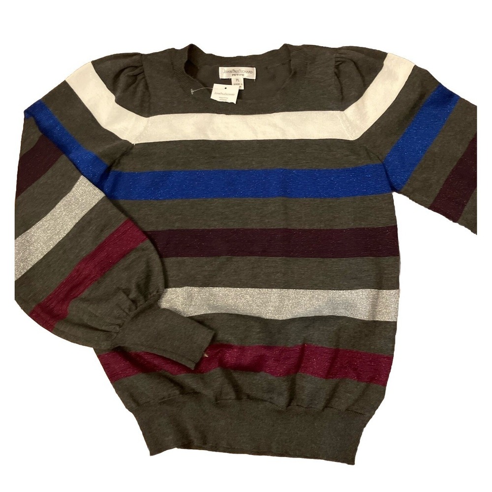 NWT John Paul Richard SWEATER Metallic Sparkle Pullover SZ PL GRAY striped